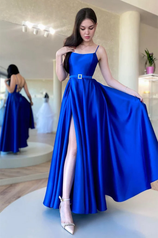 Vestido de fiesta largo de satén azul rey con abertura alta y espalda descubierta, vestido de noche formal de graduación azul Y203