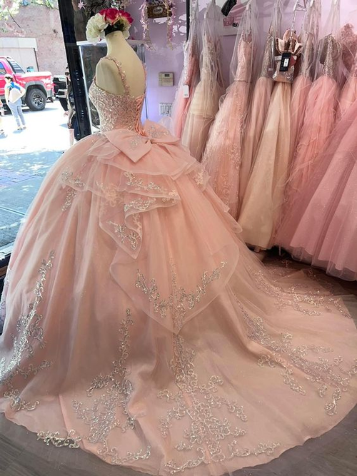 Vestido de fiesta de tul con apliques rosas, vestido rosa para quinceañeras Y5881