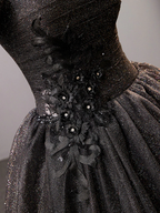 Schwarzes langes Ballkleid aus Tüll mit quadratischem Ausschnitt, glänzendes schwarzes Abendkleid Y4386