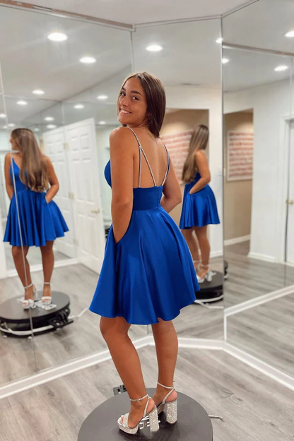 Vestido de fiesta azul rey con escote en V y espalda descubierta, vestido corto azul rey para el regreso a casa Y202