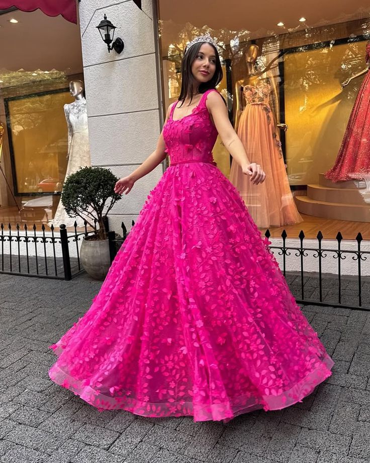 Hot Pink Tüll Applikationen Abendkleid. Formales Ballkleid Y8180