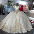 Glitzerndes schulterfreies Champagner Quinceañera-Kleid, Party-Ballkleid, Y2612