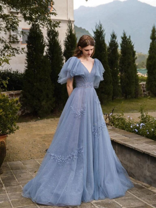 Elegante vestido de fiesta de noche con apliques de lentejuelas y tul azul Y8348
