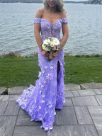 Hermosos vestidos de fiesta largos con hombros descubiertos, corte sirena, encaje lila, floral, vestidos de noche de graduación con abertura alta Y7848