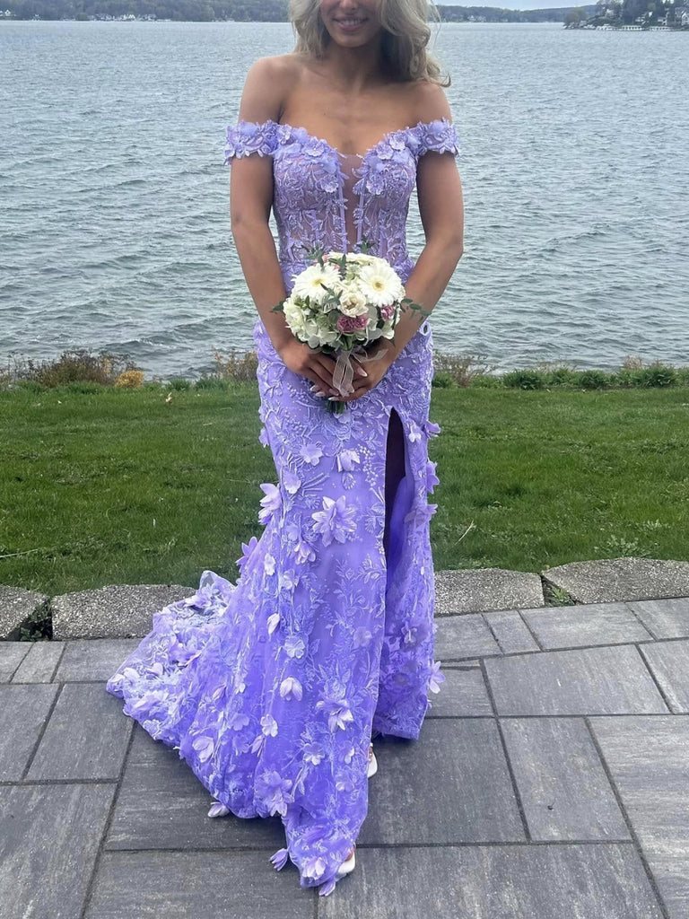 Hübsches schulterfreies Meerjungfrau-Abendkleid mit lila Spitze und Blumenmuster, langes Ballkleid mit hohem Schlitz, Abendkleid für die Abschlussfeier Y7848