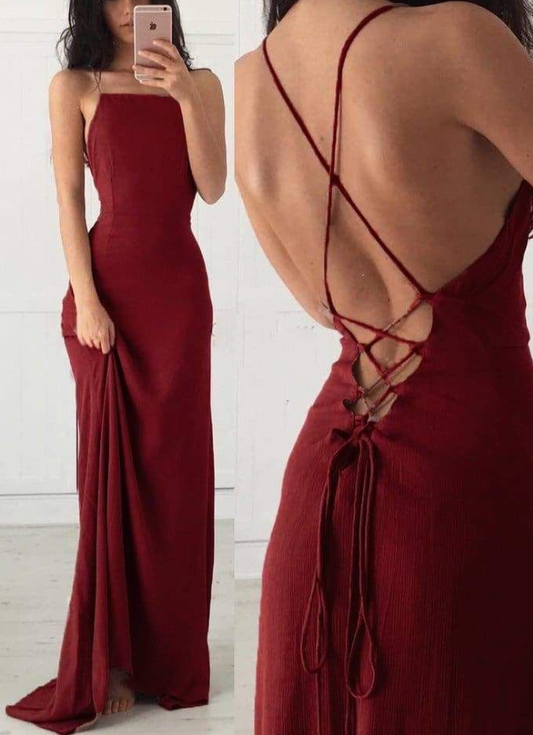 Sexy Spaghettiträger Burgunderrot Langes Ballkleid Rückenfreies Abendkleid Y7832