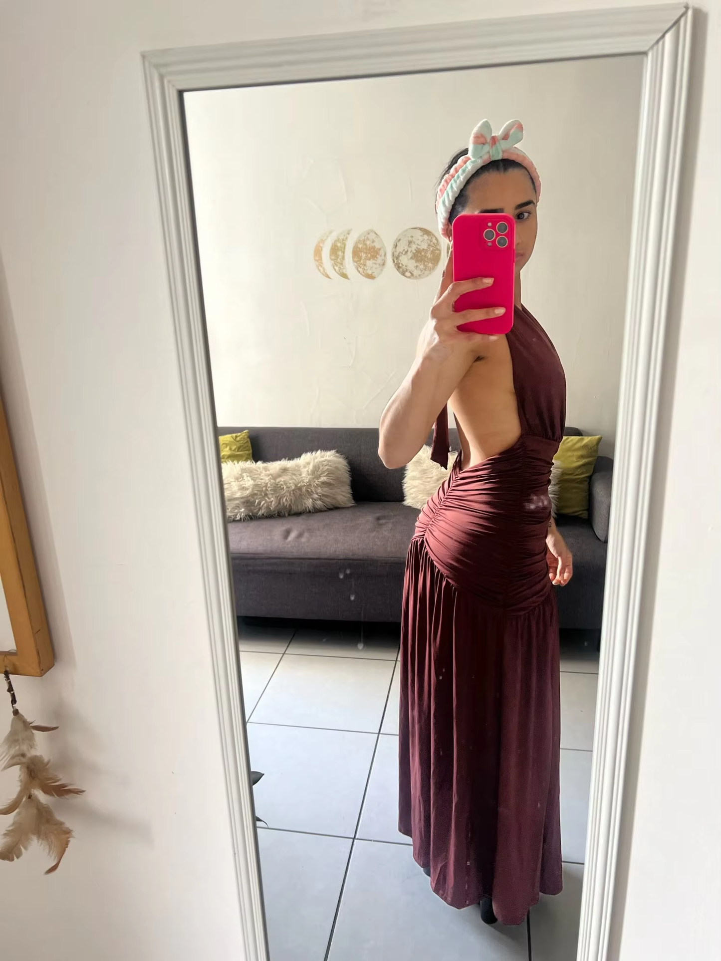 Vestido de fiesta marrón sexy con escote halter, espalda descubierta, corte A y abertura en V profundo, Y8481
