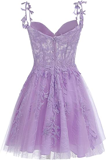 Lila Blumen Tüll Kurzes Homecoming Kleid mit Spitze Strass Applikationen Y857