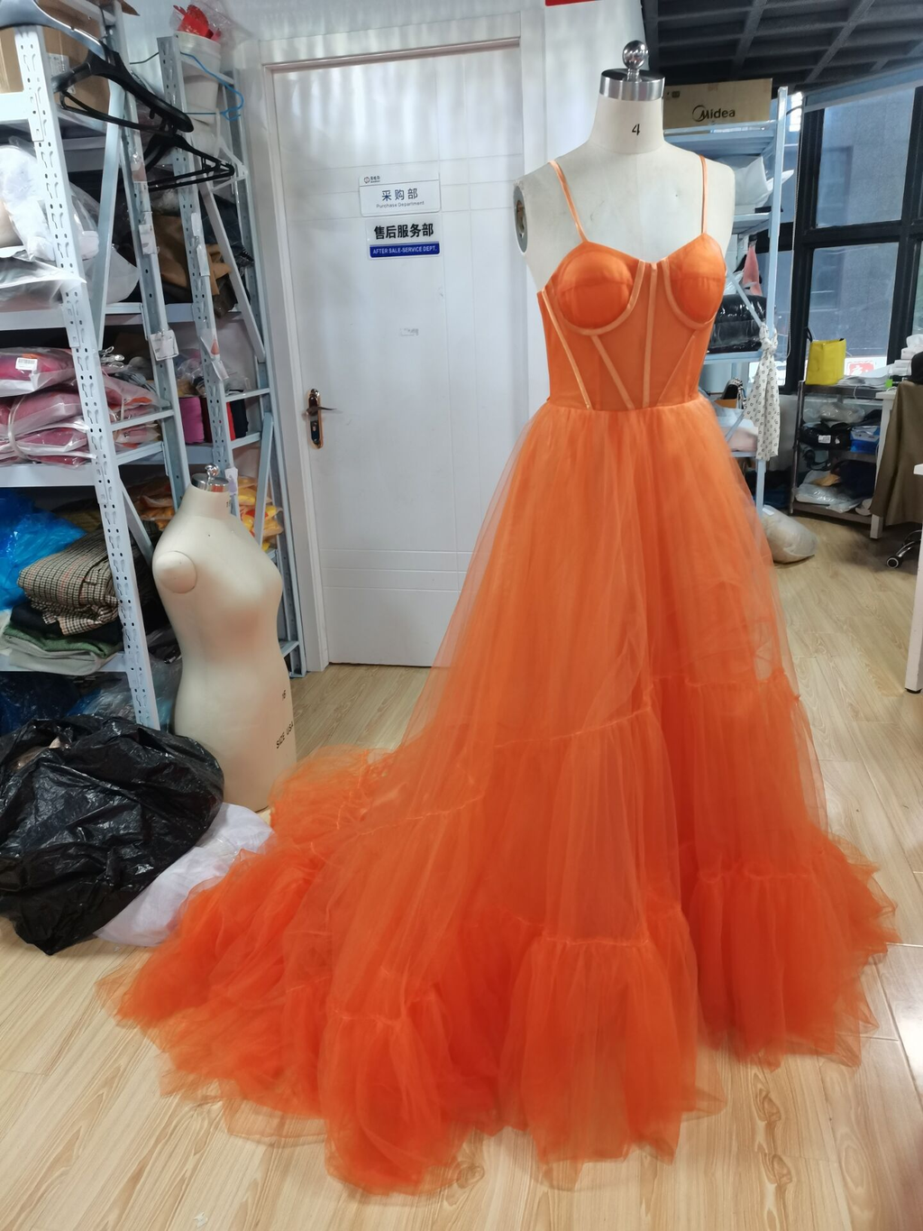 Vestido de noche de tul naranja con tirantes finos, vestido de fiesta sexy Y1243