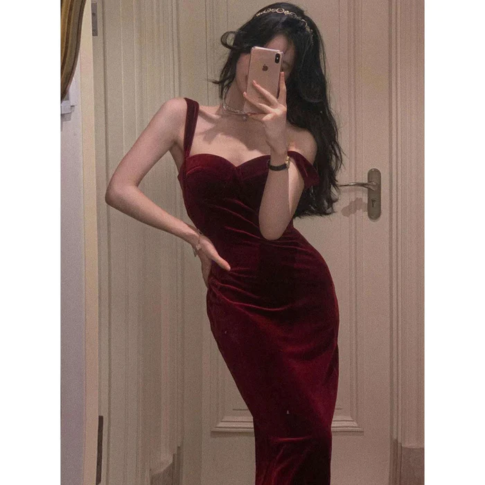 Vestido de terciopelo vintage sin mangas para mujer, vestido ajustado sexy con tirantes finos, elegante vestido de noche Y1654