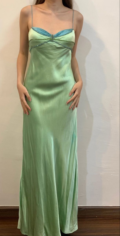 Sexy Spaghettiträger Grün Satin Perlenbesetztes Ball-/Abendkleid Y7757