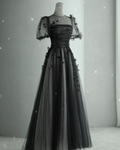 Elegante vestido de fiesta de tul negro en forma de A, vestido de noche con mangas abullonadas Y2037