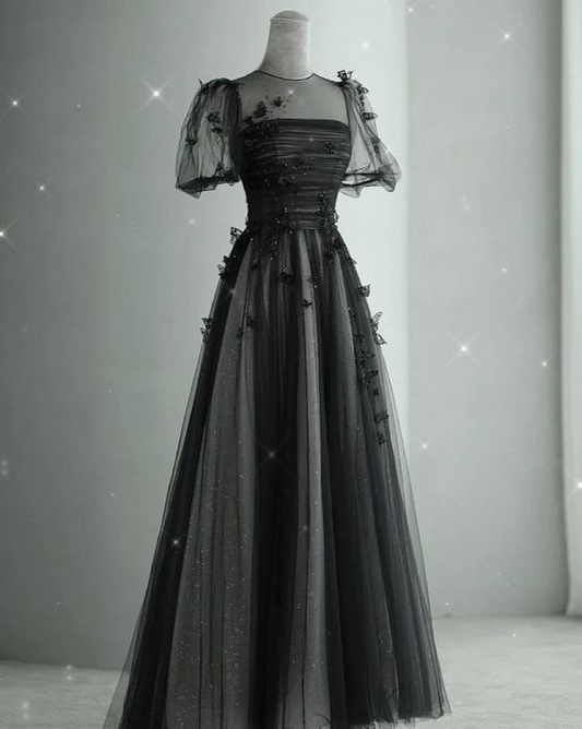 Elegantes schwarzes A-Linien-Tüll-Ballkleid, Abendkleid mit Puffärmeln Y2037