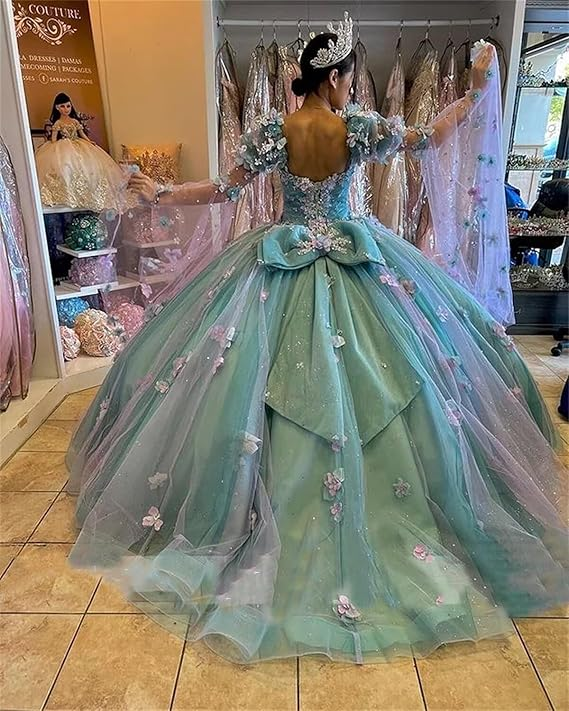 Vestido de quinceañera con flores 3D en color lila y mangas largas abullonadas Y6580