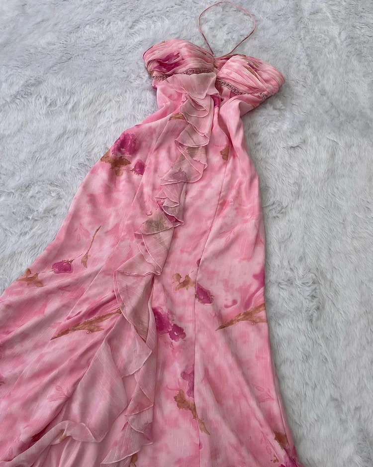 Pink Chiffon Print Floral Ruffle Evening Dress Halter Mermaid Prom Dress Y8306