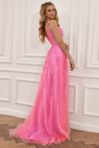 Vestido de fiesta azul marino de corte A con tul y encaje Y382