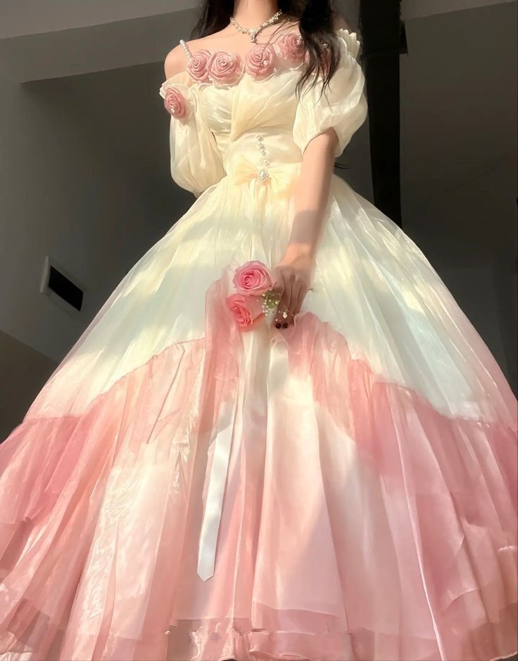 Vestido de fiesta de máscaras con flores rosas, vestido de novia floral degradado rosa champán, vestido de princesa vintage con perlas Y2401