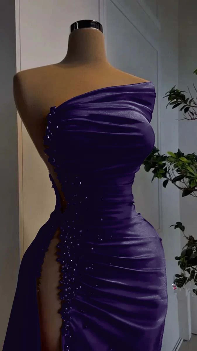 Vestido de noche rojo de satén plisado con escote asimétrico y abertura alta, vestido formal encantador Y379