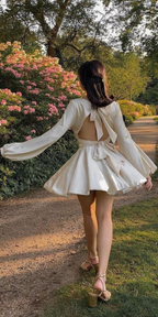 Weißes A-Linien-Heimkehrkleid mit langen Ärmeln, Weißes Geburtstagspartykleid, Y2516