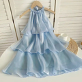 Vestido corto de fiesta con capas y cuello halter de organza azul sencillo, vestido de regreso a casa Y8089