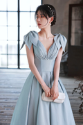 Hermoso vestido de fiesta largo de satén azul, corte A, vestido de noche azul Y4549