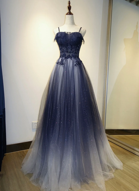 Elegantes langes Abendkleid mit Farbverlauf und Tüllträgern, A-Linie Tüll Ballkleid Y1807