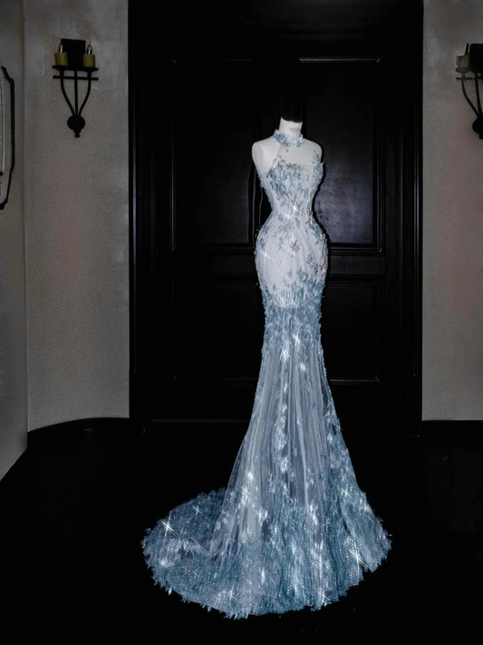 Vestido de noche largo de sirena con apliques de lentejuelas y tul azul sueño Y8673
