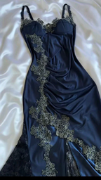 Vintage Marineblau Satin Spitze Applikationen Meerjungfrau Abendkleid Ballkleid Y8497