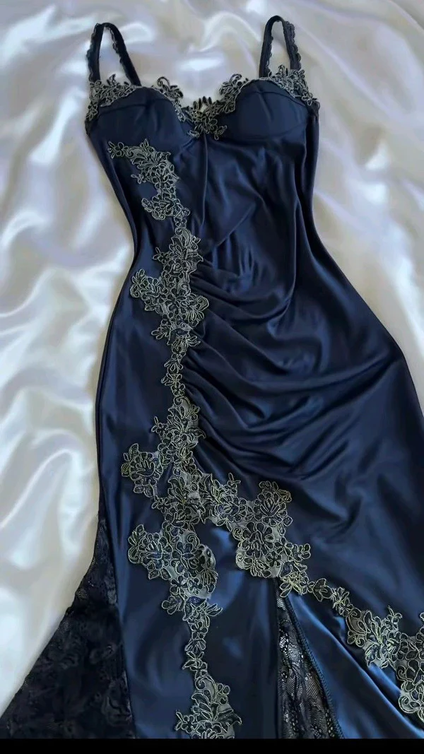 Vintage Marineblau Satin Spitze Applikationen Meerjungfrau Abendkleid Ballkleid Y8497