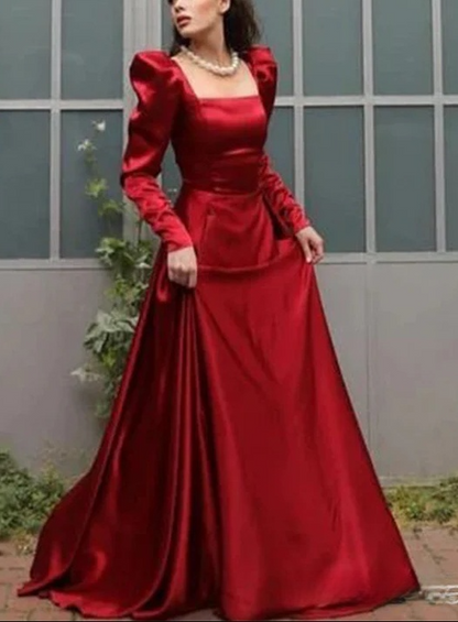 Elegantes A-Linien-Ballkleid aus rotem Satin mit quadratischem Ausschnitt Y7855