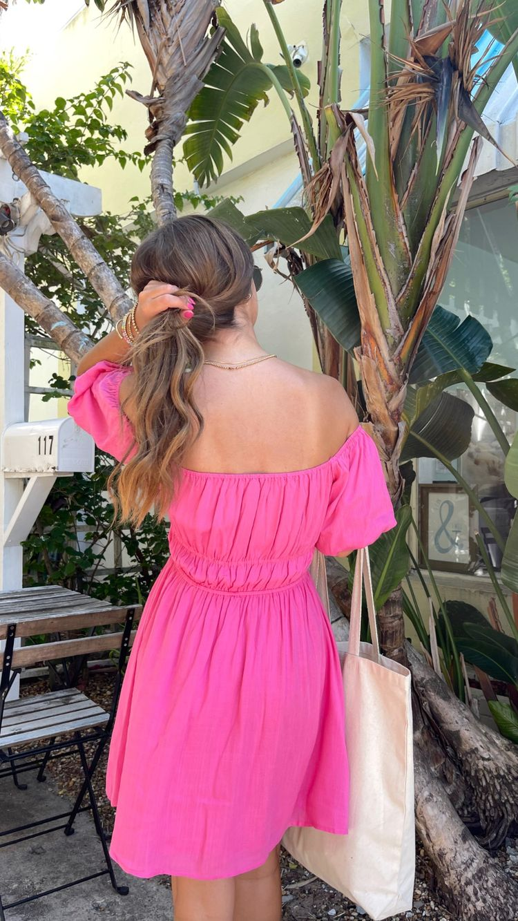Vestido de fiesta rosa intenso con corte en A y mangas abullonadas, vestido de verano Y2758