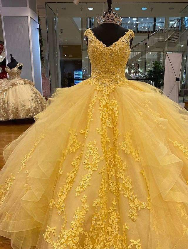 Vestido de quinceañera amarillo de tul con encaje y corte en A, vestido de quinceañera Y4065