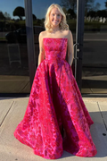 Vestido de noche elegante de satén con estampado floral, rosa intenso, sin tirantes, corte A, con bolsillos, Y8036