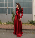 Elegante vestido de noche formal burdeos con mangas largas Y4727