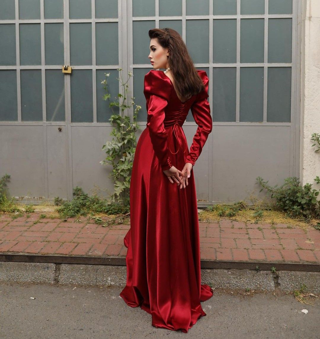 Elegante vestido de noche formal burdeos con mangas largas Y4727
