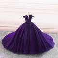 Purple tulle ball gown off the shoulder wedding dresses Y4310