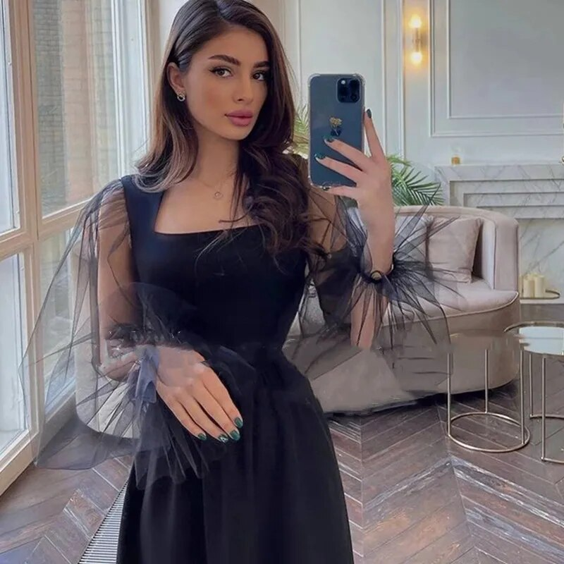Elegante vestido de noche negro de corte A con mangas largas y cuello cuadrado, para mujer Y4557