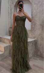 Hermoso vestido de noche largo de tul verde con cuentas y corte A, sin tirantes, vestido de fiesta Y8197