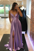 Vestido de fiesta largo de satén morado con escote en V, vestido de noche sencillo de corte A Y927