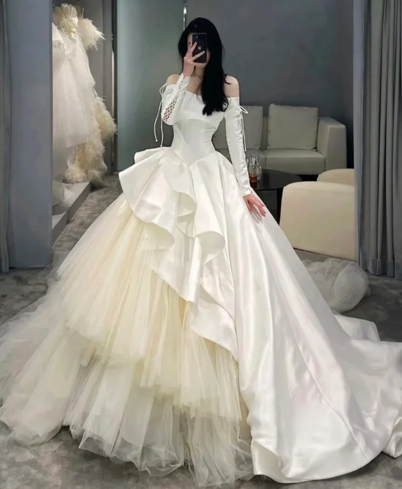 Schickes A-Linien-Brautkleid mit langen Ärmeln, Brautkleid Y6789