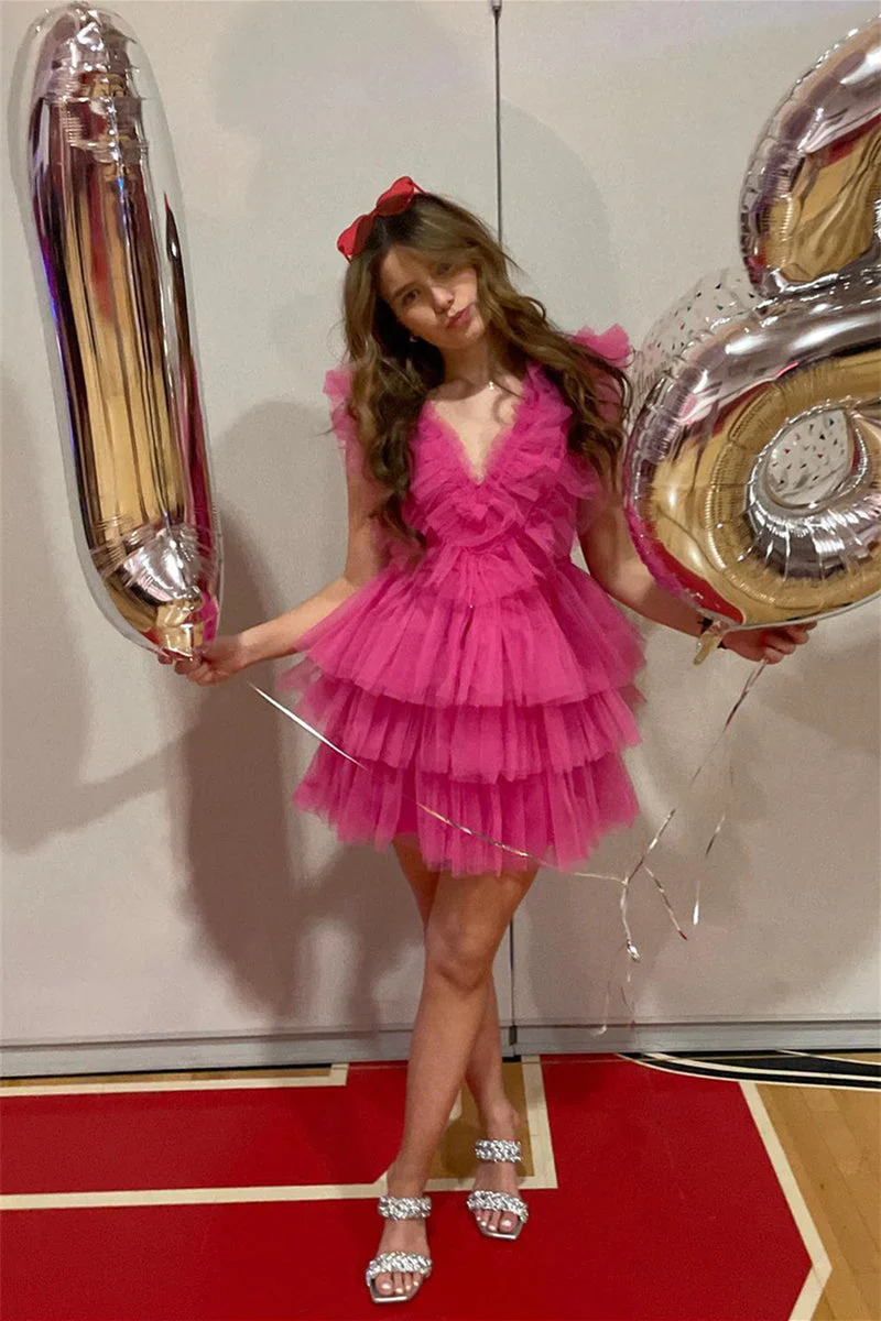 Lindo vestido corto de fiesta de tul rosa con volantes escalonados Y1995