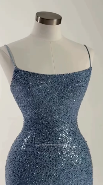 Wunderschönes blaues Pailletten-Etuikleid mit Perlen, langes Ballkleid, formelles Abendkleid Y8512