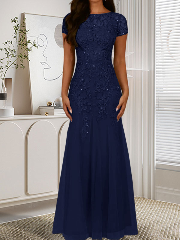 Vestido de tul con lentejuelas y escote redondo de sirena en azul marino oscuro