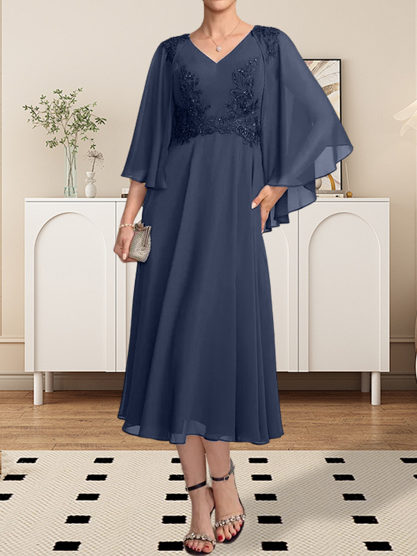 Vestido de gasa con encaje y escote en V para madre de la novia, largo hasta la rodilla, con lentejuelas y abalorios