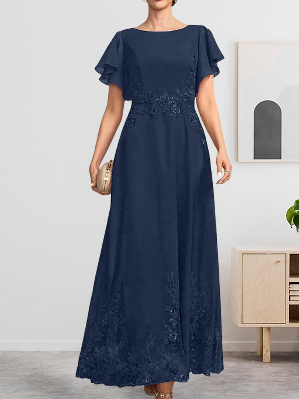 A-Linie U-Ausschnitt Knöchellang Spitzen-Chiffon-Kleid für die Brautmutter mit Pailletten