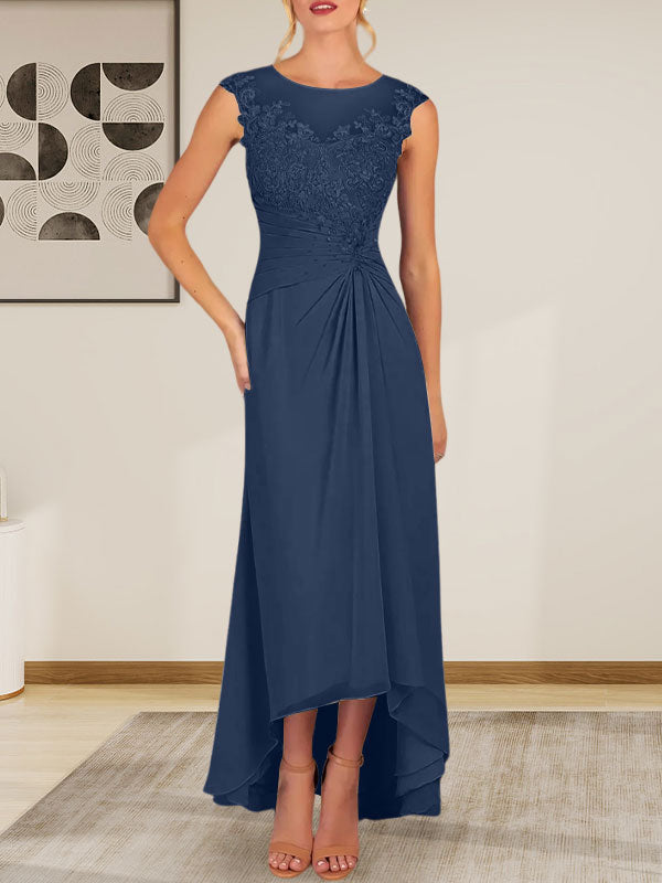 Vestido de gasa con encaje y escote redondo en forma de A color champán
