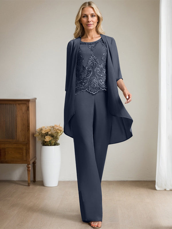 Vestido de madre de la novia de gasa con encaje, escote redondo y lentejuelas y mono/pantalón separado