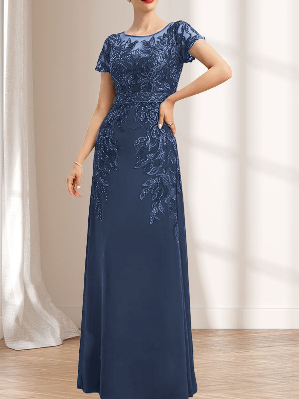 Vestido de madre de la novia de gasa con encaje, escote redondo, ilusión, largo hasta el suelo, con lentejuelas