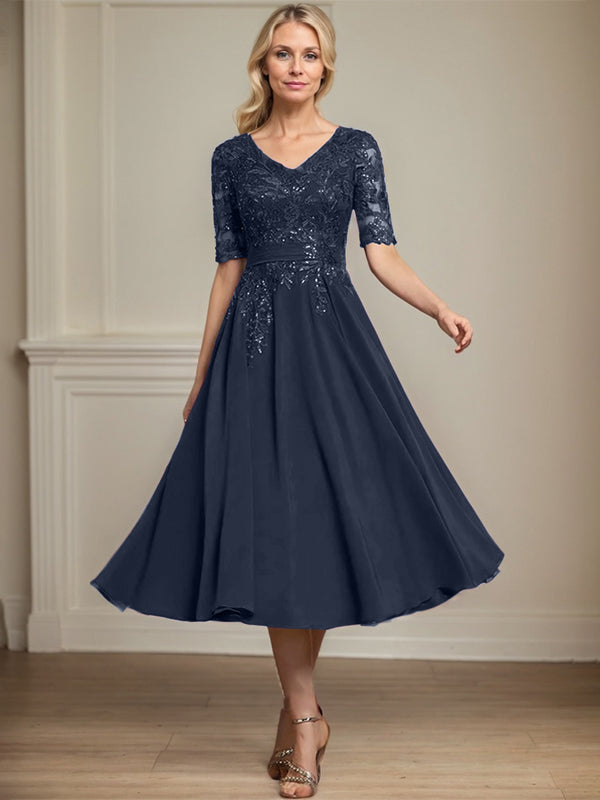 Vestido de gasa con encaje y lentejuelas para madre de la novia, corte A, escote en V y largo hasta la rodilla
