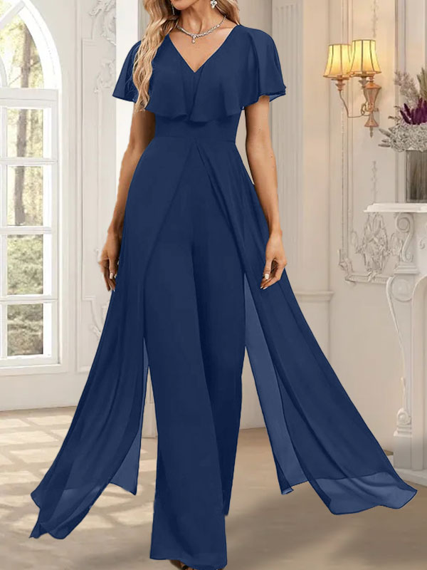 Vestido de noche de gasa con escote en V y largo hasta el suelo, tipo mono/pantalón